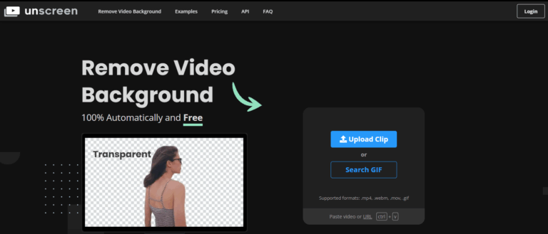 Historical Unscreen homepage with its logo, background-removal headline, a woman against a checkerboard, and Upload Clip button