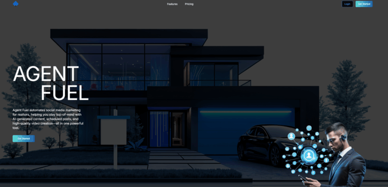 Archival AgentFuel homepage with real-estate marketing and an AI character illustration