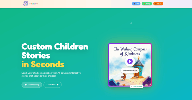 Historical Fableoo homepage with a storybook illustration