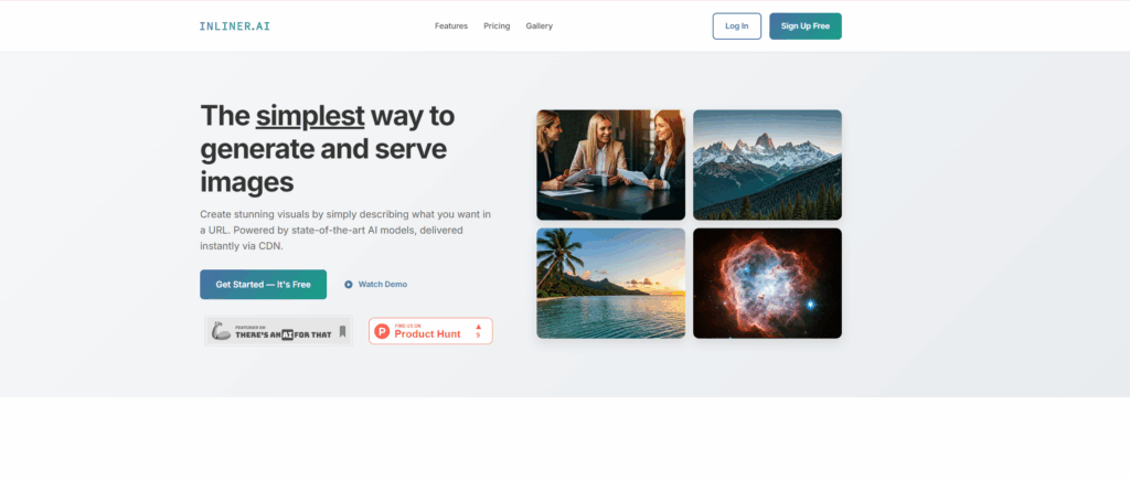 Earlier Inliner AI marketing homepage with four example image tiles
