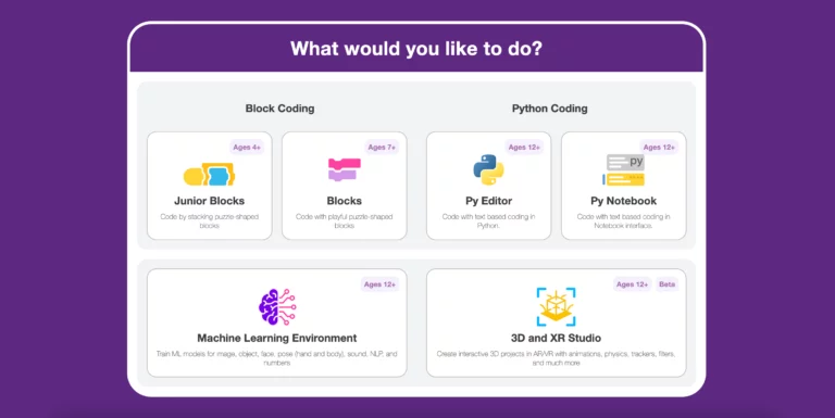 Historical PictoBlox mode-selection screen with block coding, Python, machine learning and 3D/XR options