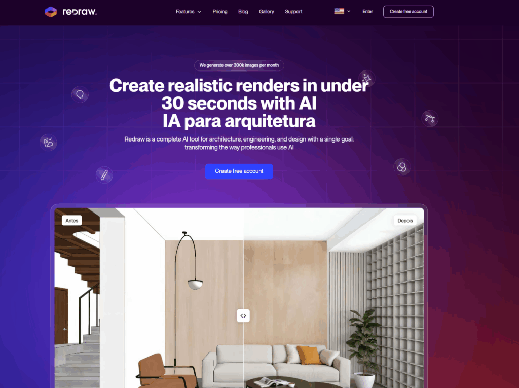 Purple Redraw homepage with a headline above a living-room rendering example