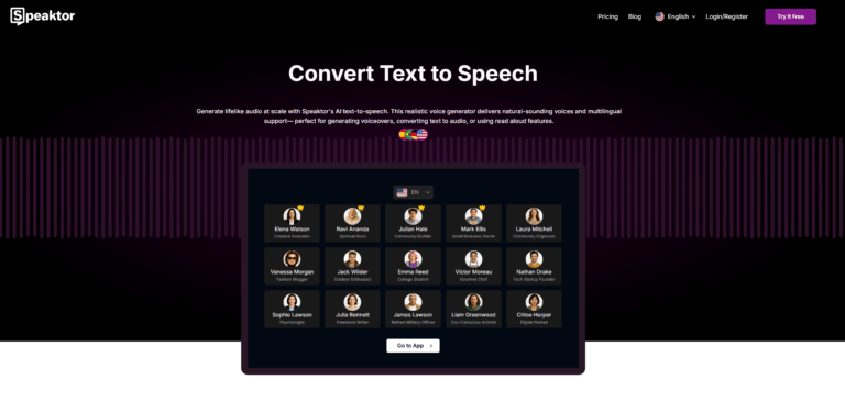 Earlier Speaktor homepage with a Convert Text to Speech heading and voice-selection cards on a black-and-purple background
