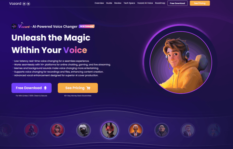 Historical Vozard homepage with a purple background, cartoon headset character, and download and pricing buttons