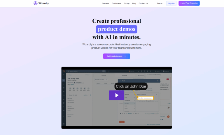 Historical Wizardly homepage with a product-demo headline, extension buttons, and a HubSpot tutorial preview highlighting John Doe.