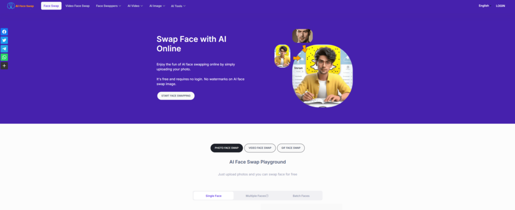 Historical AI Face Swap homepage with a purple background, face-replacement illustration, start button and photo, video and GIF tabs