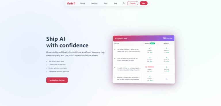 Earlier Flutch homepage with a red logo, free-offer button, and acceptance-test comparison mockup showing a 75% pass rate.