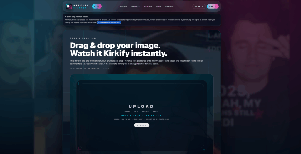 Earlier Kirkify upload page with a drag-and-drop panel and satire notice