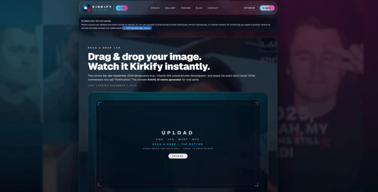 Earlier Kirkify upload page with a drag-and-drop panel and satire notice