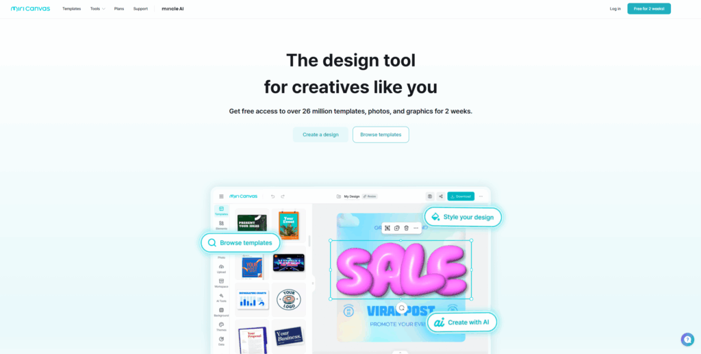 Archived MiriCanvas homepage in white and turquoise, with a template editor preview and pink SALE lettering.