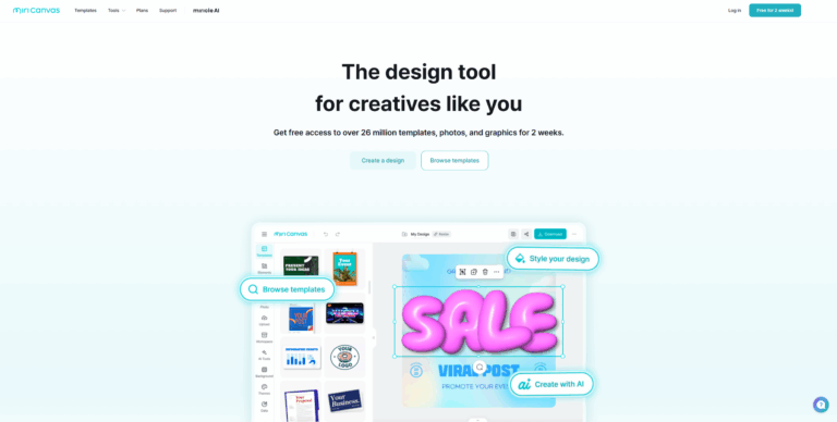 Archived MiriCanvas homepage in white and turquoise, with a template editor preview and pink SALE lettering.
