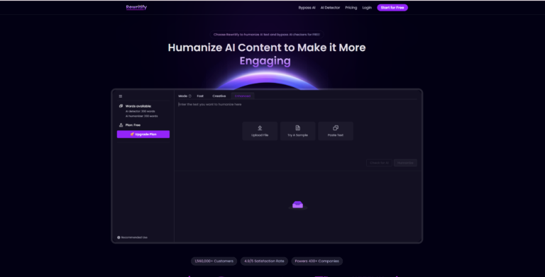 Archived Rewritify homepage in navy and purple, with an empty rewriting editor and mode tabs.
