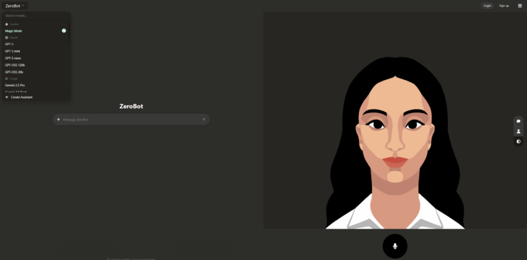 Archival ZeroBot screen with a model menu, text box, illustrated woman avatar and microphone button