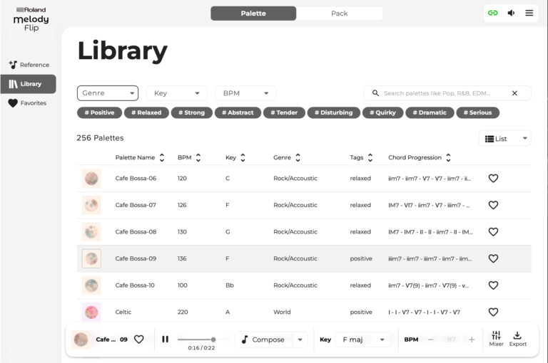 Roland Melody Flip Library interface with genre, key and BPM filters and a list of musical palettes.