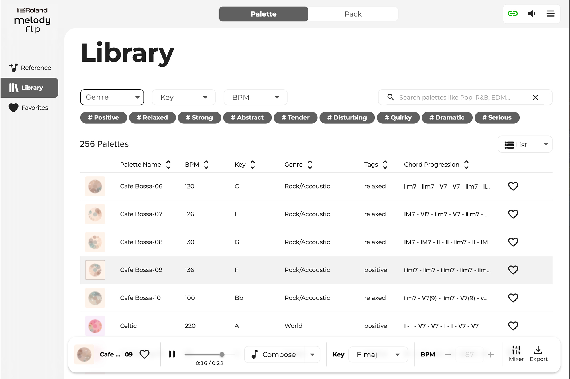 Roland Melody Flip Library interface with genre, key and BPM filters and a list of musical palettes.