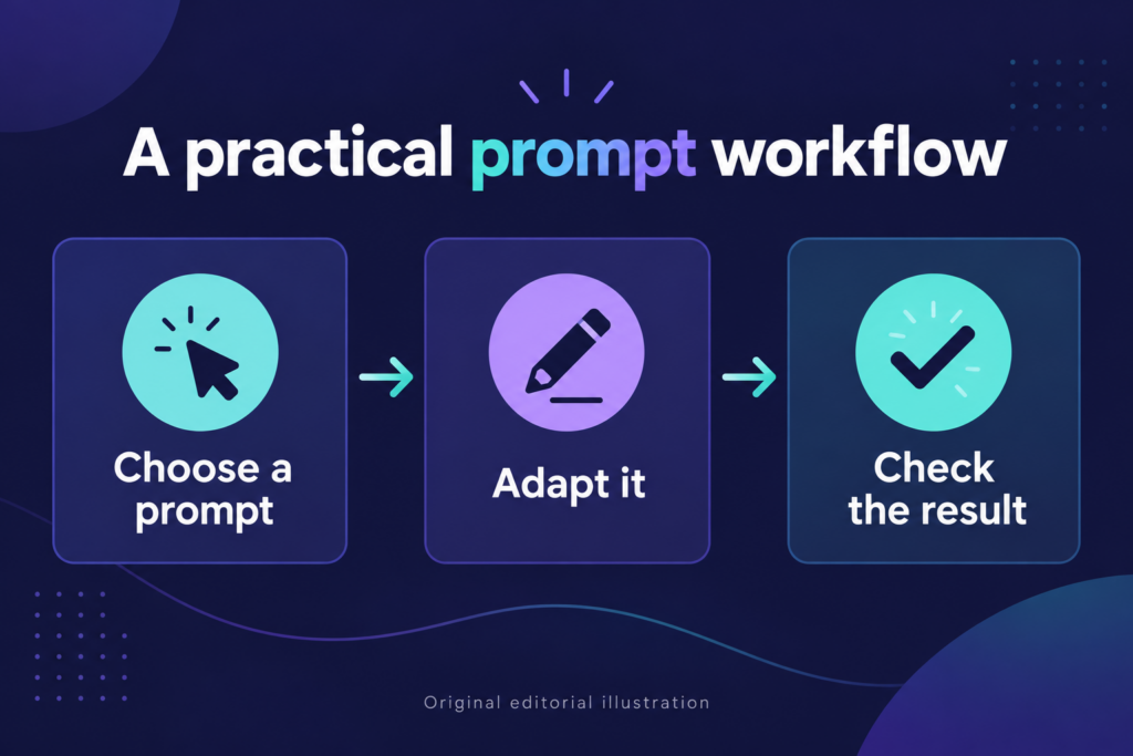 Original illustration of three steps: choose a prompt, adapt it, and check the result.
