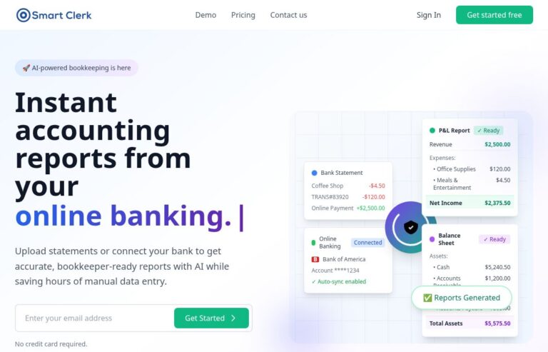 Smart Clerk official homepage with accounting reports headline, empty email field, and illustrative bank statement, online banking, profit-and-loss, and balance-sheet cards