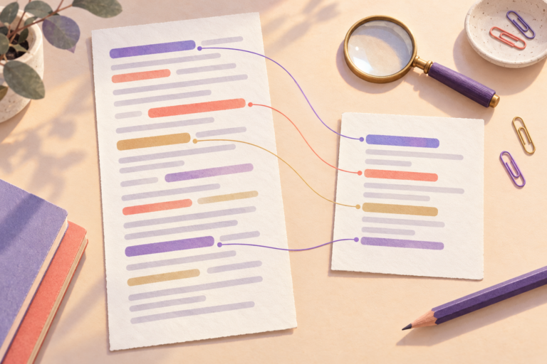 Illustrated source sheet and shorter summary card linked by colored lines, beside a magnifying glass, pencil and paper clips.