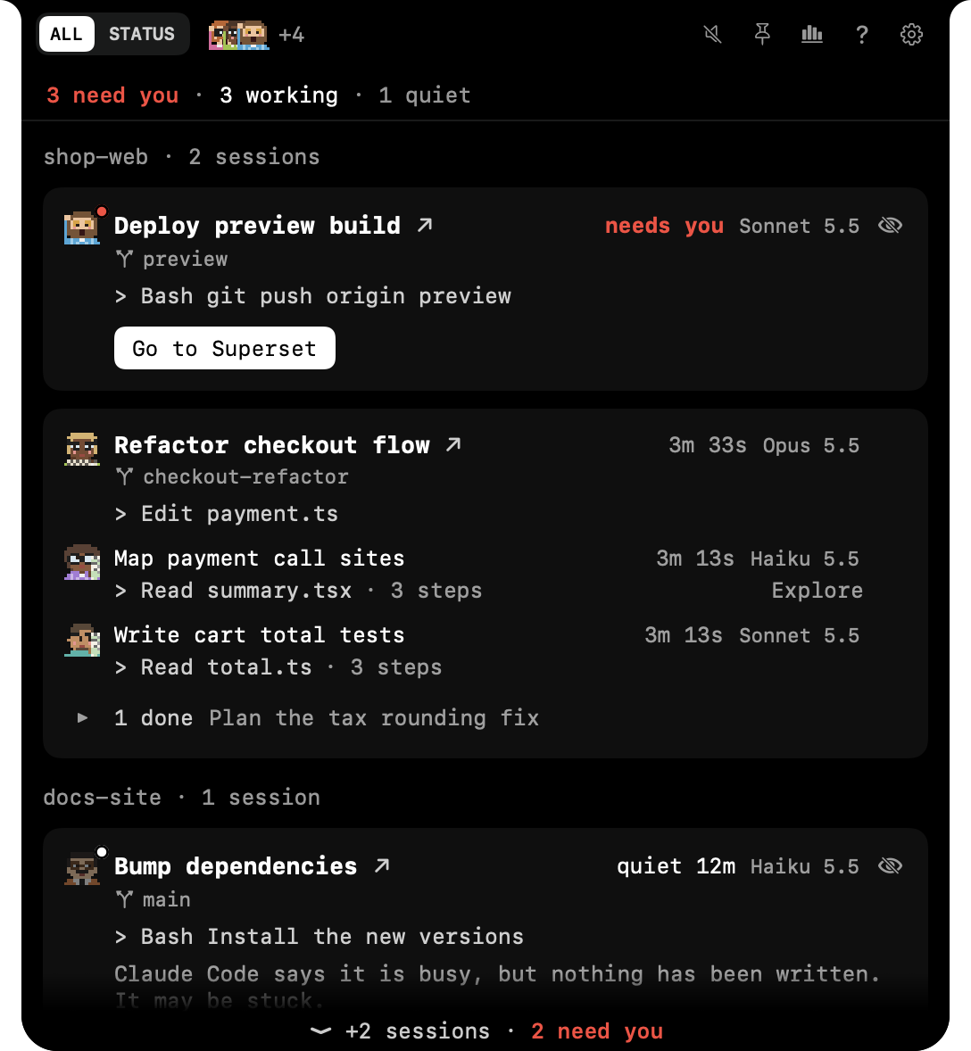AgentValley: Track Claude Code Sessions on Your Mac 2 Official AgentValley panel showing project-grouped Claude Code sessions and pixel-art agent characters