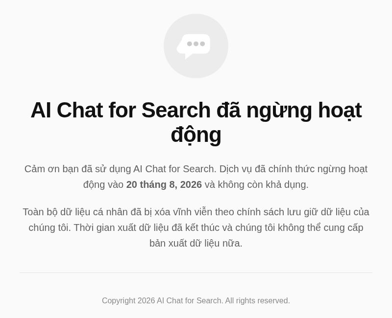 Official AI Chat for Search notice, displayed in Vietnamese, stating that the service ended on August 20, 2026.