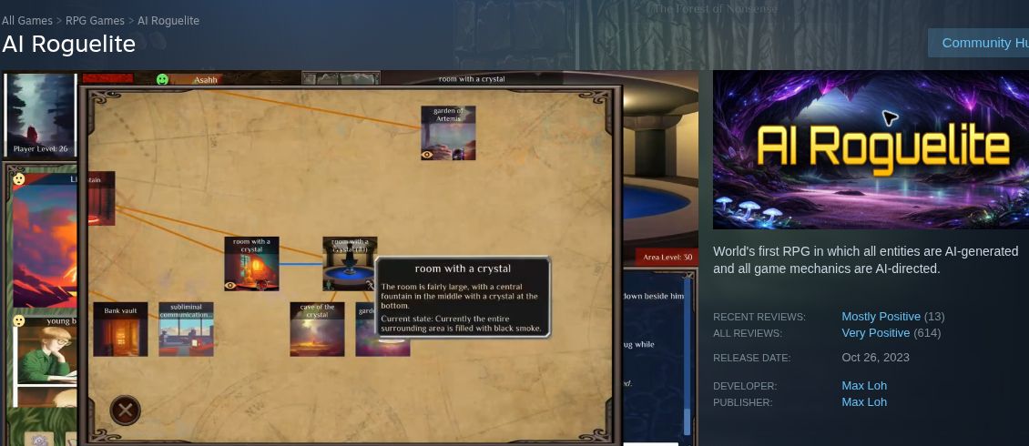 AI Roguelite Steam listing showing promotional gameplay imagery and release information.