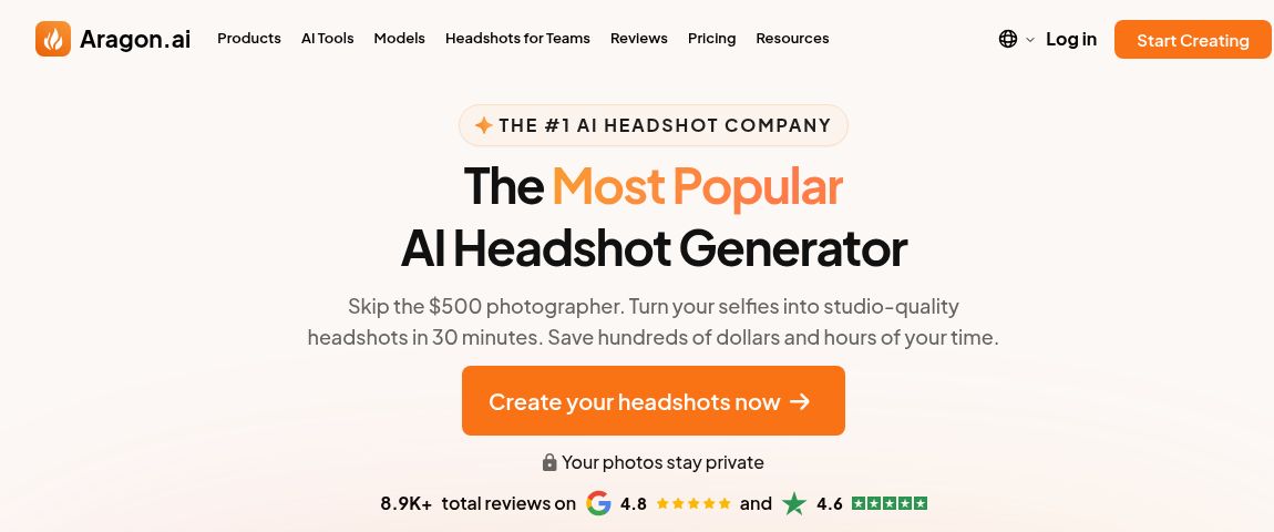 Aragon AI 2 Aragon AI official homepage showing its AI headshot generator headline and navigation.