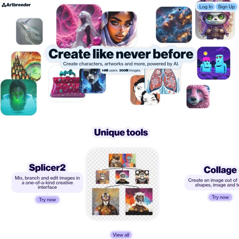 Artbreeder homepage with its Create like never before headline, provider example images and Splicer2 preview.