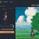 AutoSprite animation preview screen showing a character, idle animation controls, frame range and spritesheet download.