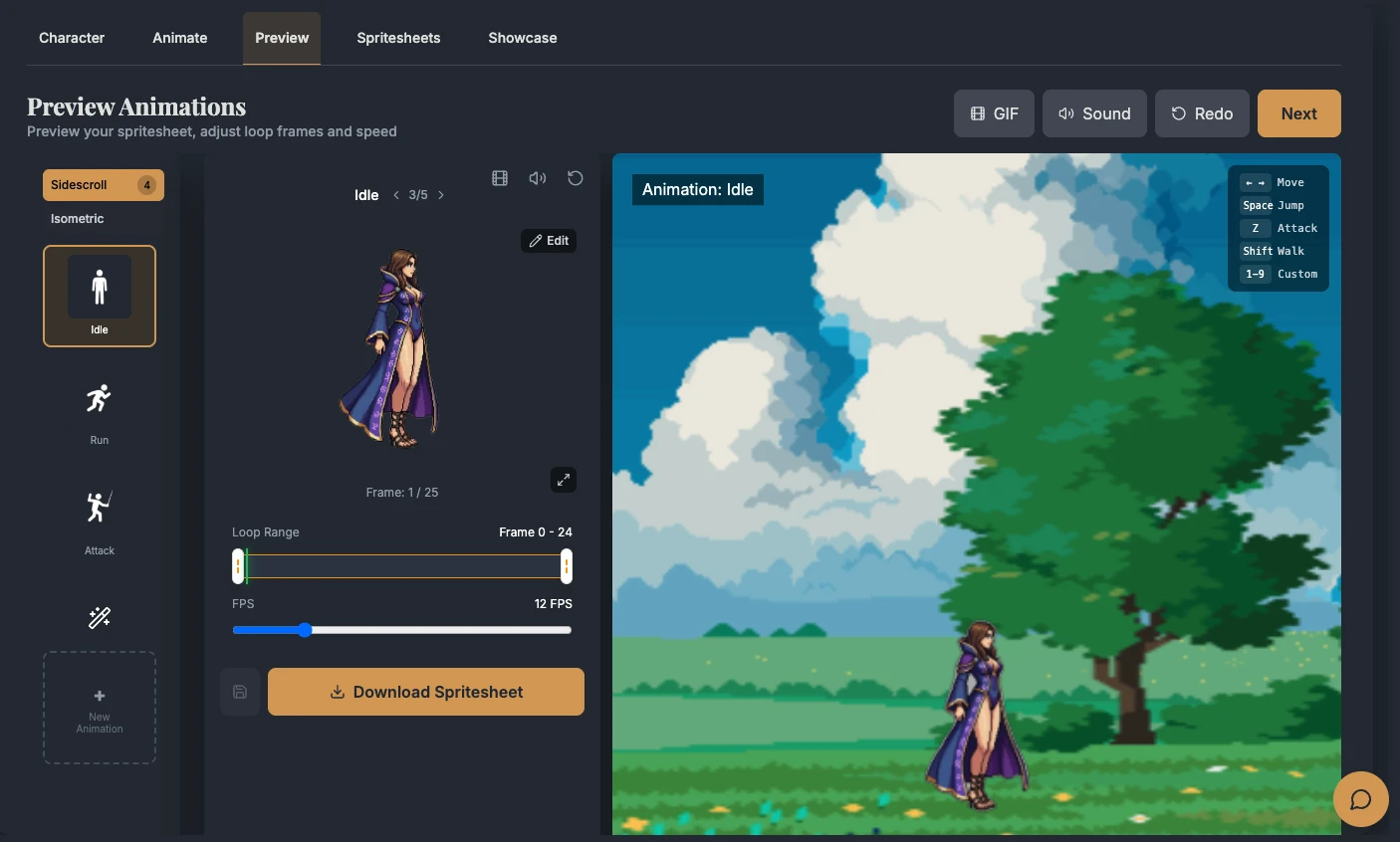 AutoSprite animation preview screen showing a character, idle animation controls, frame range and spritesheet download.