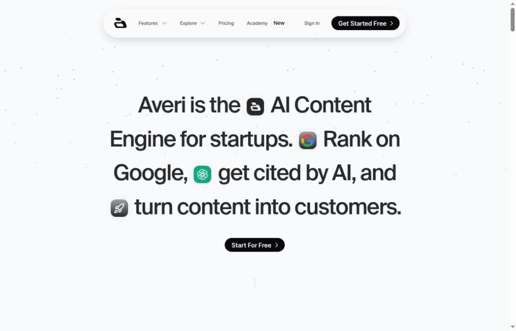 Averi homepage presenting its AI content engine for startups