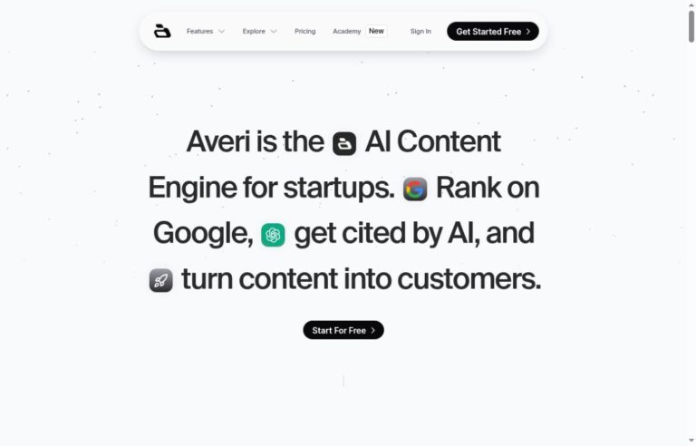 Averi homepage presenting its AI content engine for startups