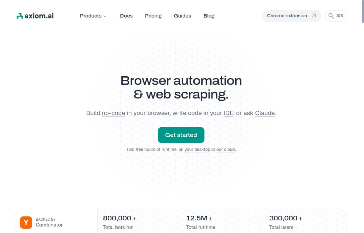 Axiom.ai homepage with browser automation and web scraping headline and two-hour trial information.
