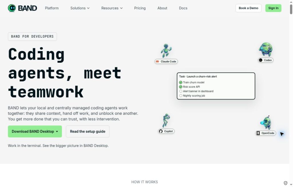 BAND for Developers official product page showing its coding-agent coordination headline and desktop interface preview.