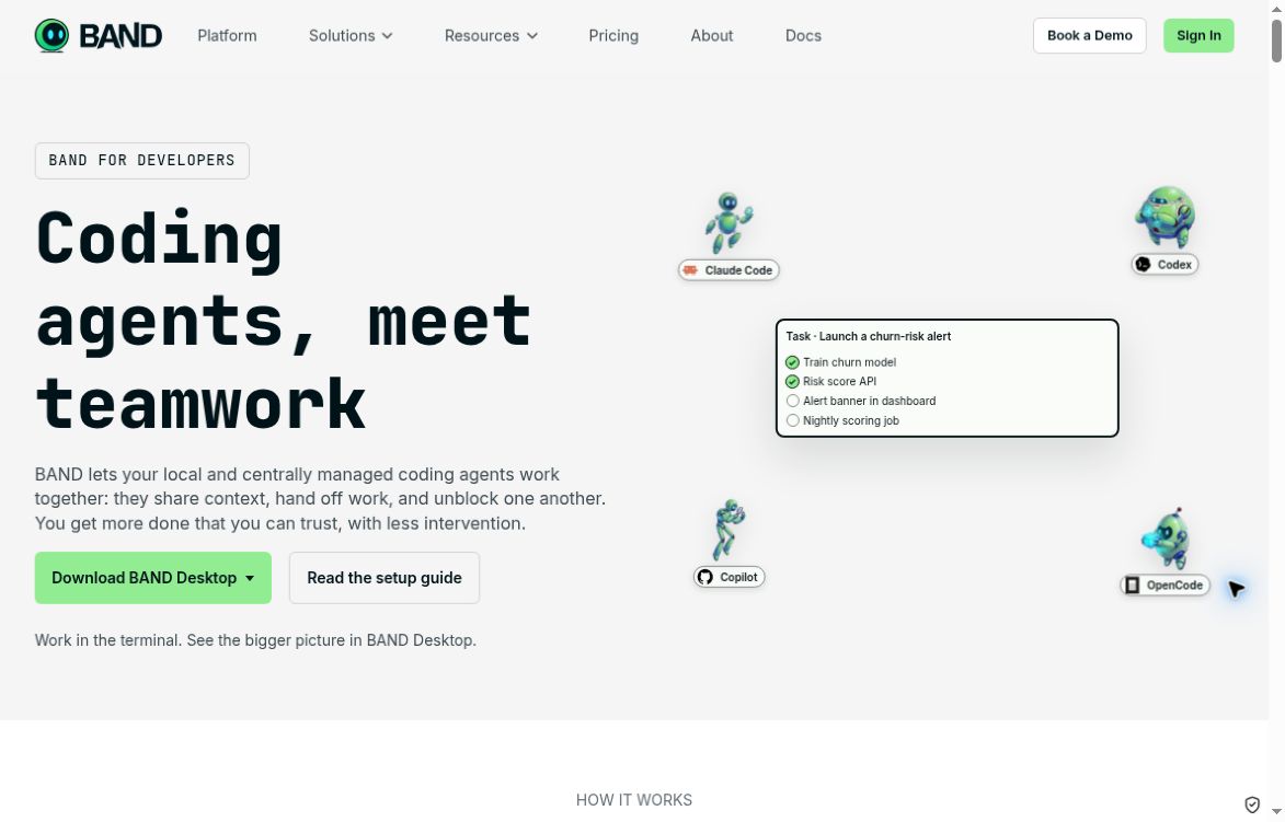 BAND for Developers official product page showing its coding-agent coordination headline and desktop interface preview.