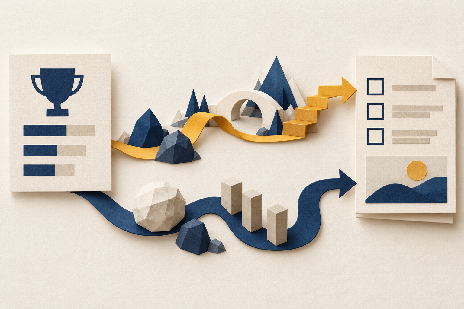 Why AI Benchmark Scores Are Not Enough to Choose an Assistant 2 Two winding paths connect a trophy scorecard to a checklist, passing different obstacles.