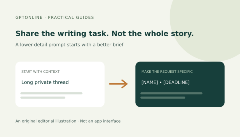 Illustration replacing a long private thread with a focused writing request using name and deadline placeholders.