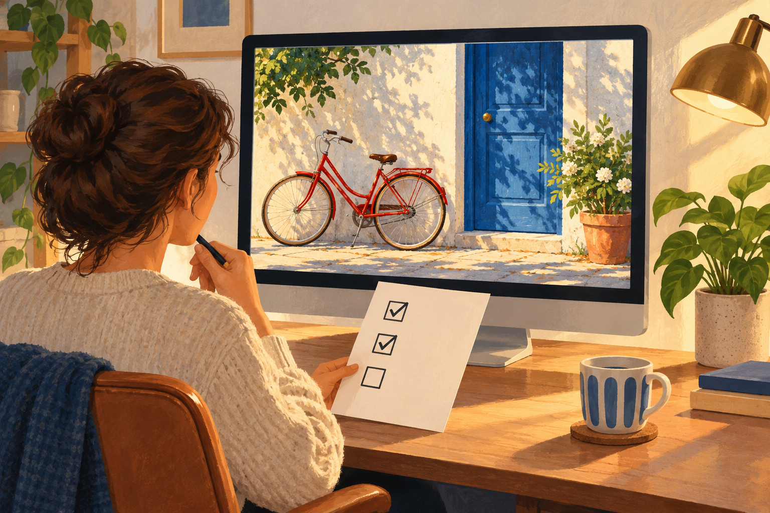 Person reviewing a checklist while viewing an image of a red bicycle beside a blue door on a monitor.