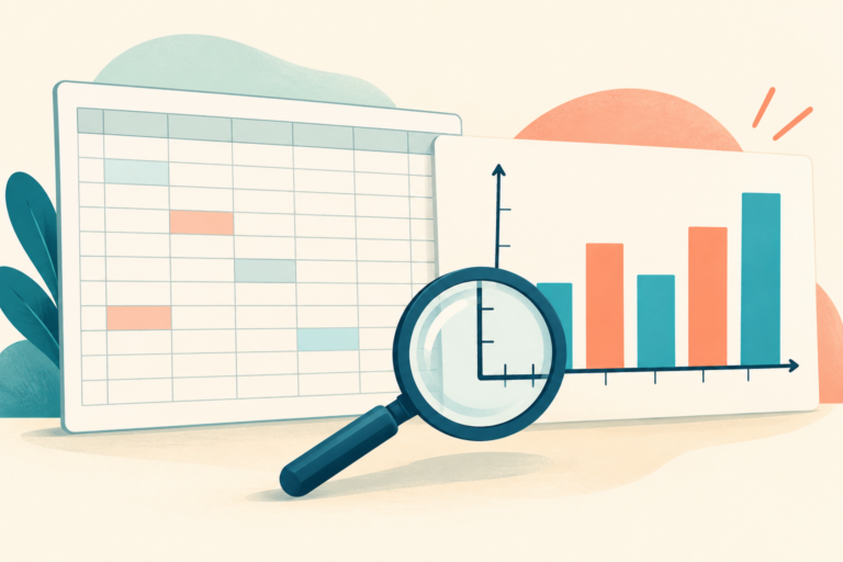 A magnifying glass highlights the axes of a bar chart beside a spreadsheet grid.