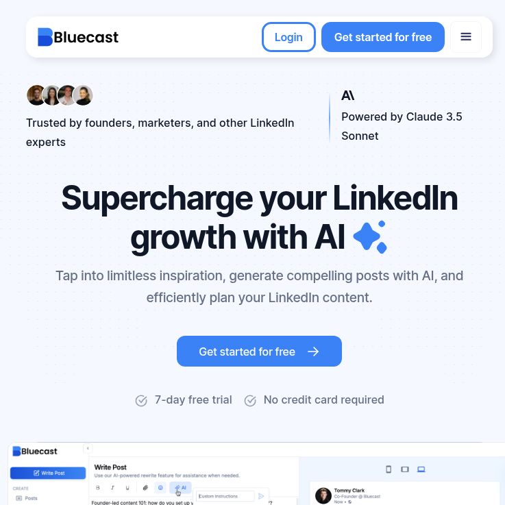 Bluecast homepage with its LinkedIn-writing headline, trial button and public product preview.