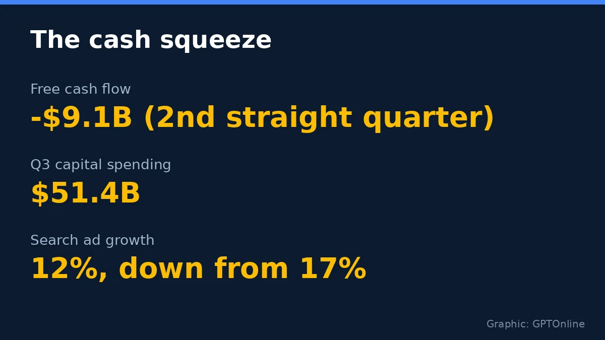Fact card: Alphabet negative 9.1 billion dollars free cash flow and slowing search ad growth