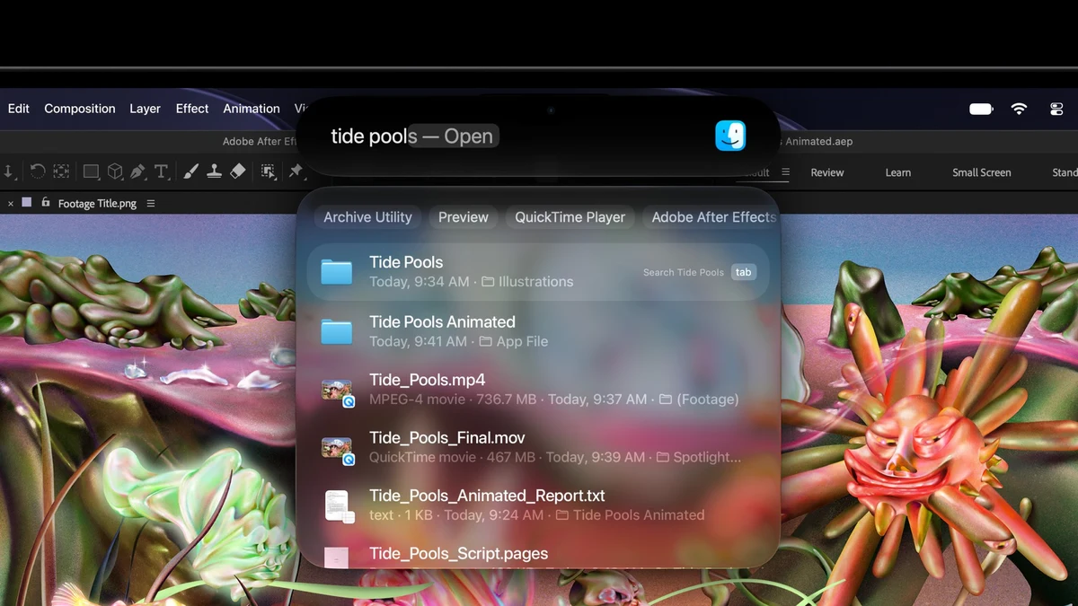 Dynamic Island on the new MacBook Pro showing Spotlight search