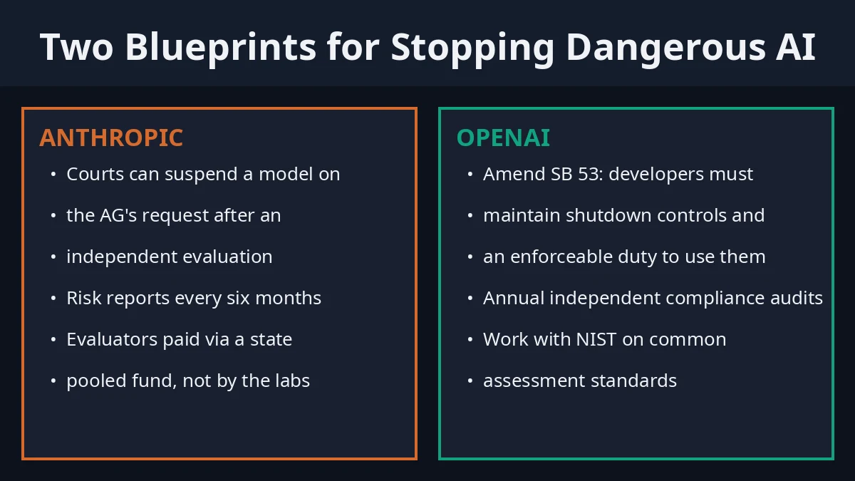 Anthropic and OpenAI Split on Who Gets to Pull the Plug on Risky AI 2 Comparison of Anthropic and OpenAI shutdown proposals
