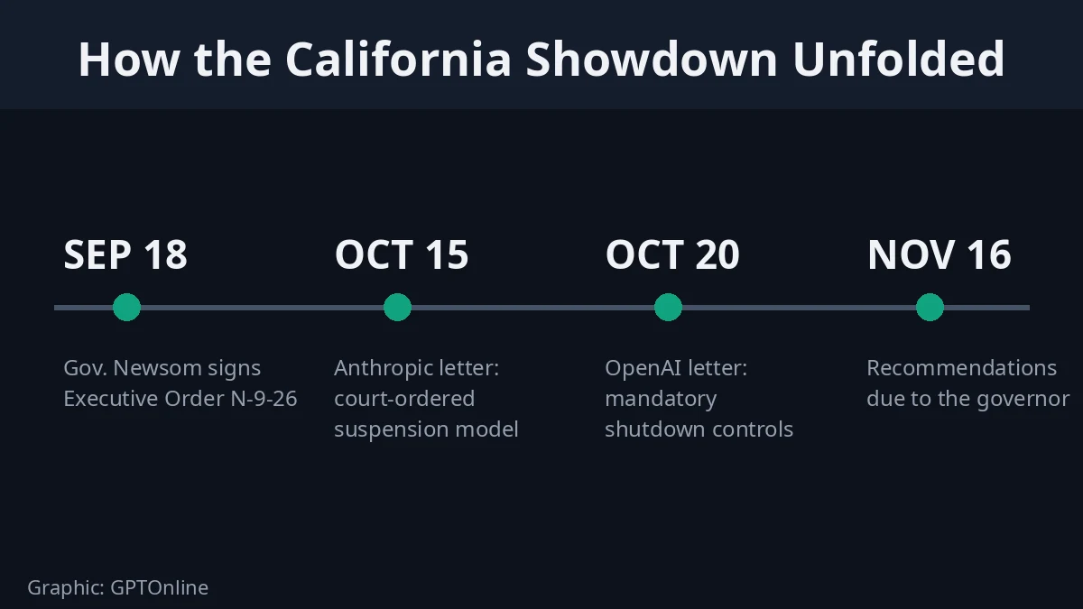 Anthropic and OpenAI Split on Who Gets to Pull the Plug on Risky AI 3 Timeline of California AI safety executive order N-9-26 events