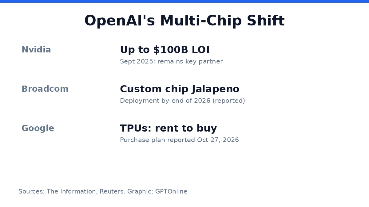 OpenAI Plans to Buy Google TPUs in Push Beyond Nvidia, The Information Reports 3 Fact card: OpenAI's multi-chip strategy across Nvidia, AMD, Broadcom and Google