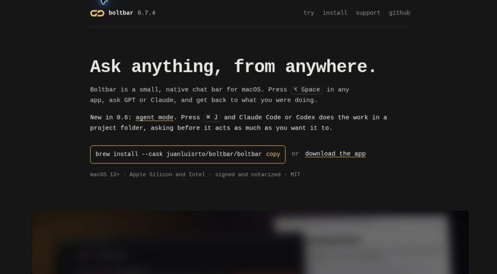 Boltbar official website showing its native Mac chat bar headline, agent mode introduction and platform requirements.