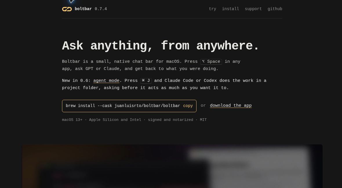 Boltbar official website showing its native Mac chat bar headline, agent mode introduction and platform requirements.