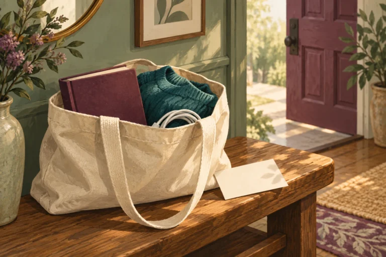 A canvas tote containing a book, folded sweater and coiled cable on a bench by an open door.