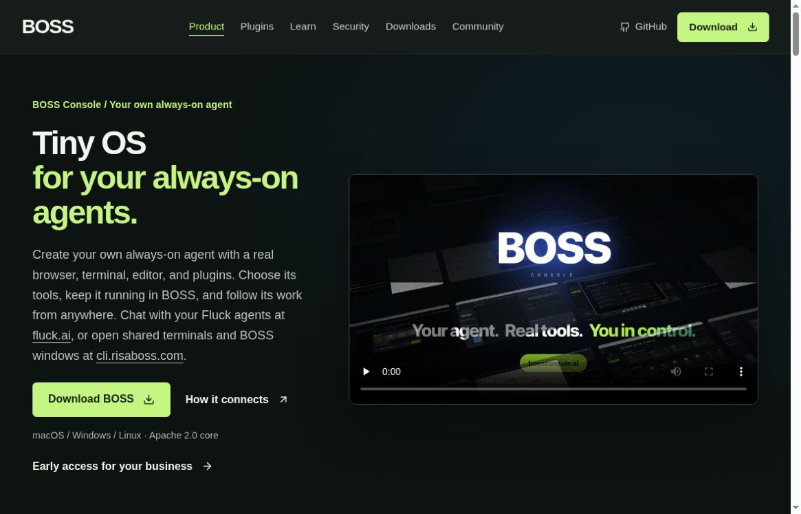 BOSS Console official homepage presenting its agent workspace and desktop platform downloads.