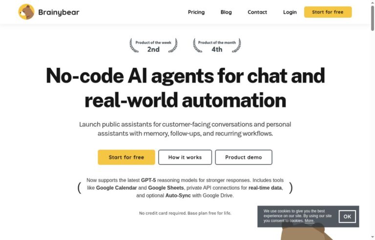 Brainybear official homepage presenting no-code AI agents for chat and automation