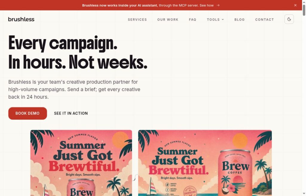 Brushless homepage with a creative-production headline, a red Book Demo button and pink coffee-campaign examples.